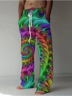 NWT ouku colorful, trippy, psychedelic rave party wide leg pull on pants men’s L